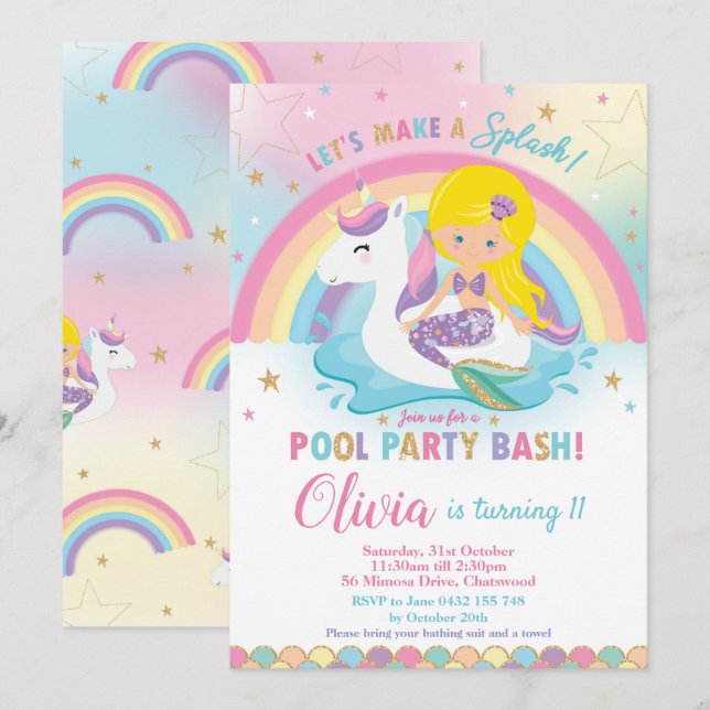 Invitation Mermaid Unicorn Pool Party Anniversaire Blonde (Devant / Derrière)