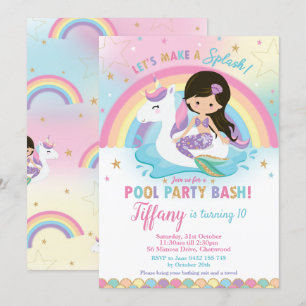 Invitation Mermaid Unicorn Pool Party Anniversaire Cheveux no