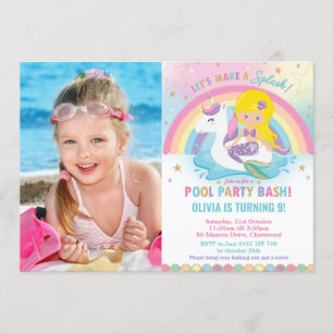Invitation Mermaid Unicorn Pool Party Birthday Blonde Photo