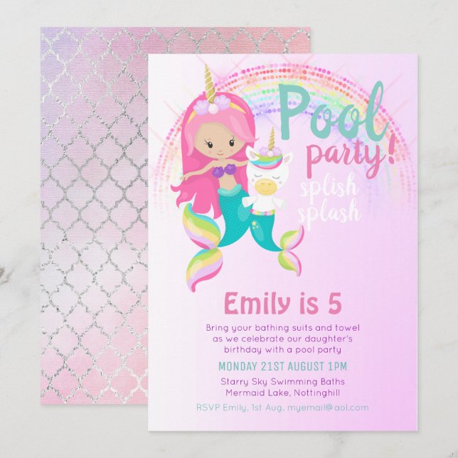 Invitation Mermaid Unicorn Pool Party Rose Blue Girl (Devant / Derrière)
