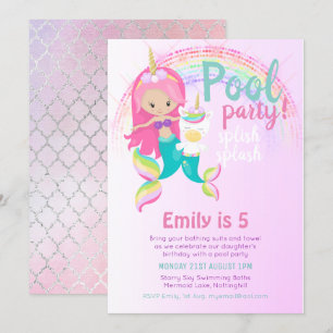 Invitation Mermaid Unicorn Pool Party Rose Blue Girl