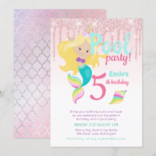 Invitation Mermaid Unicorn Pool Party Rose Blue Girl