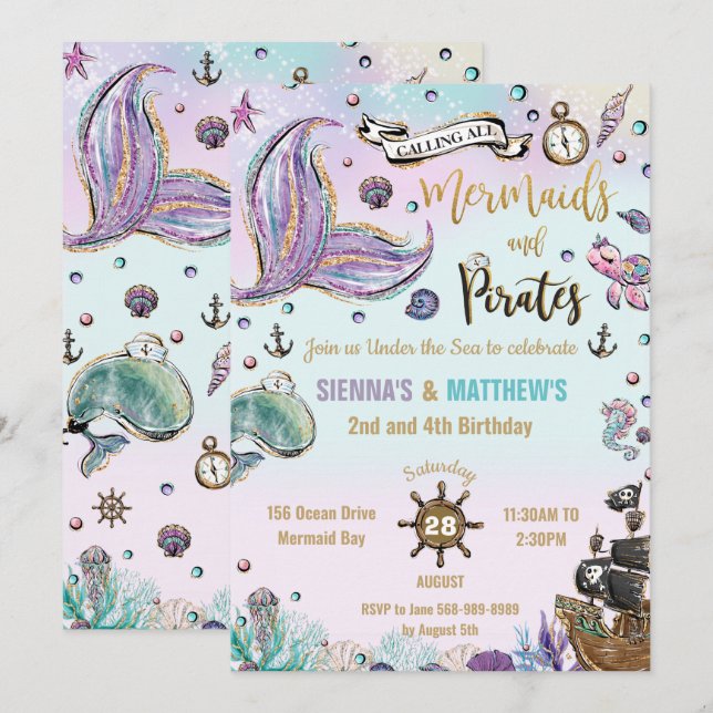 Invitation Mermaids et Pirates Jumeaux Anniversaire sous la m (Devant / Derrière)
