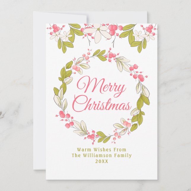 Invitation Merry Christmas Watercolor Wreath and Berries (Devant)