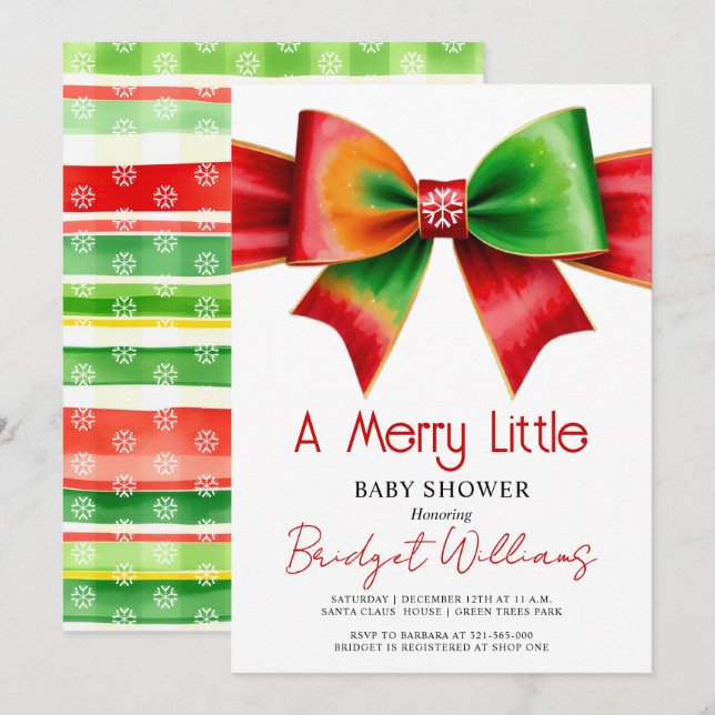 Invitation Merry Little Christmas Baby shower red, green bow (Devant / Derrière)