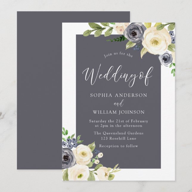Invitation Merveilleux Marine bleu crème Beige Fleurs Mariage (Devant / Derrière)
