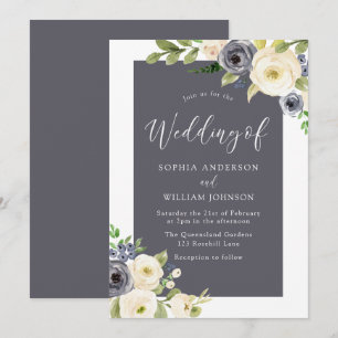 Invitation Merveilleux Marine bleu crème Beige Fleurs Mariage