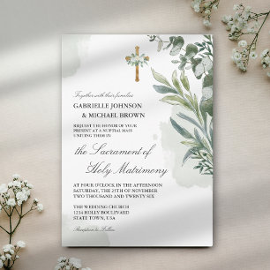 Invitation Messe de Mariage Élégante et Douce aux Fleurs Vert