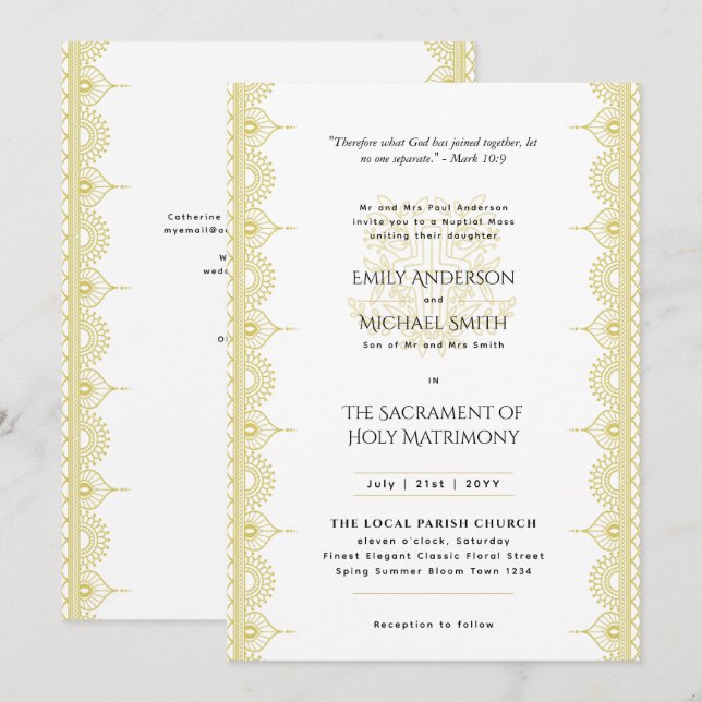 Invitation Messe nuptiale des Mariages catholiques d'or Manda (Devant / Derrière)