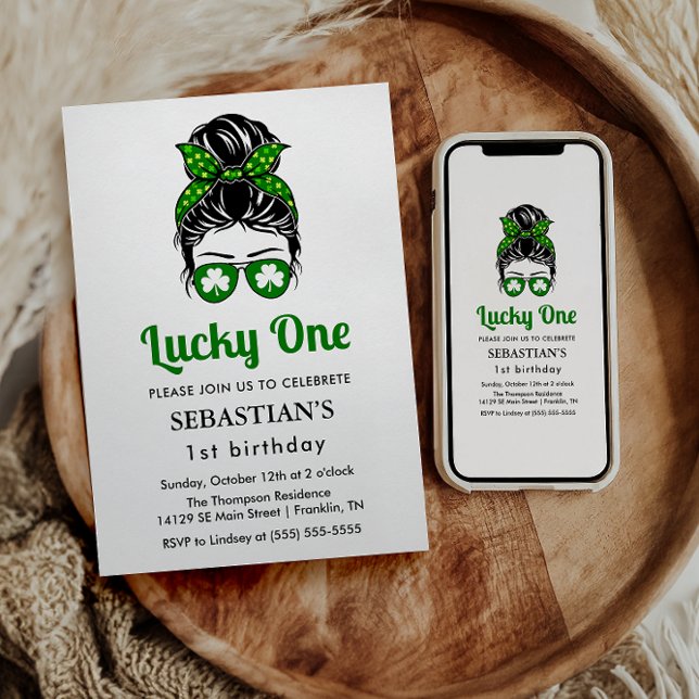 Invitation Messy Bun Lucky One 1st Birthday Girl (Créateur téléchargé)