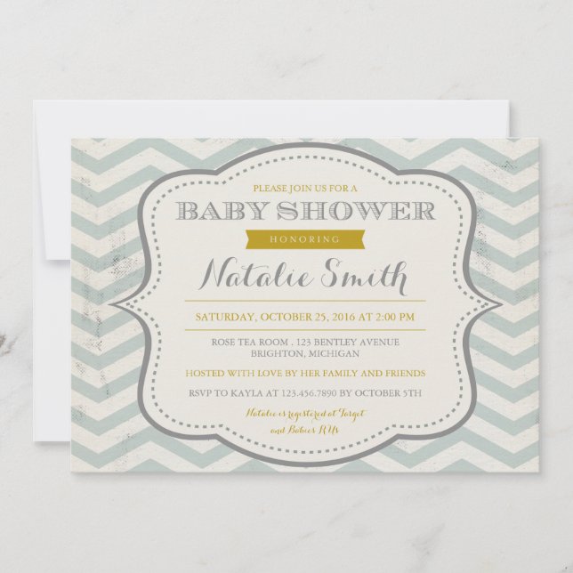 Invitation Messy Turquoise Grey et Gold Baby showe (Devant)