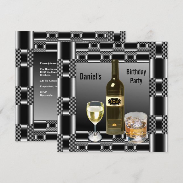 Invitation Métal Argent Mens 50e Anniversaire Boissons Homme (Devant / Derrière)