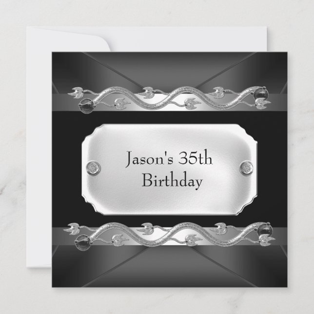 Invitation Métal Chrome Noir Argent Mens 35e anniversaire (Devant)