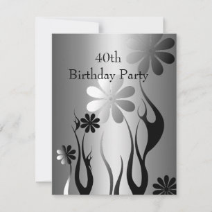 Invitation Métal Chrome Noir Blanc Style Argent 40e Floral