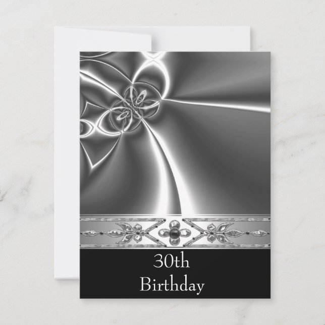 Invitation Metal Chrome Noir Style Blanc Argent 30ème (Devant)