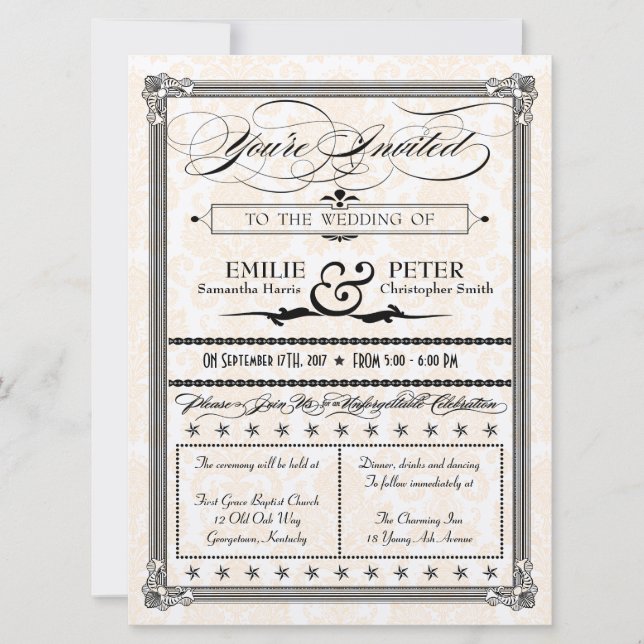 Invitation métal noir et or Mariage damassé (Devant)
