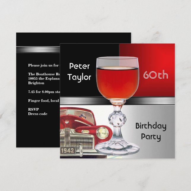 Invitation Métal rouge argent voiture rouge hommes 60e annive (Devant / Derrière)