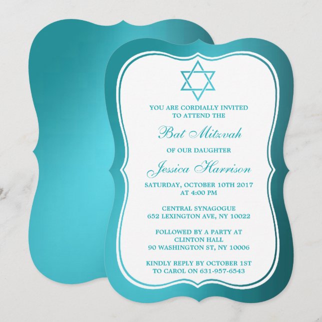 Invitation Metallic Turquoise Étoile Juive De David Bat mitzv (Devant / Derrière)