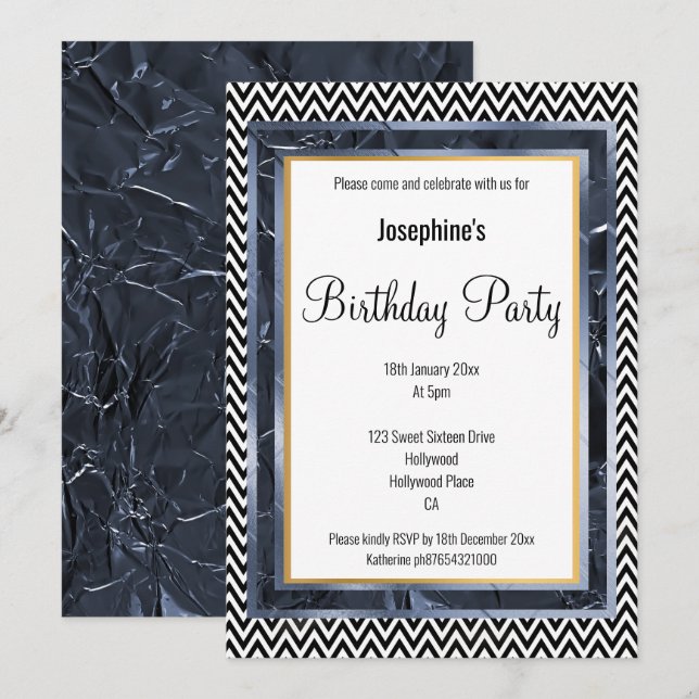 INVITATION MÉTALLIQUE FOIL BLUE LAYER CHEVRON ANNIVERSAIRE (Devant / Derrière)