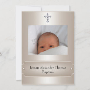Invitation Métallo Beige Photo Cadre Bijou Croix Baptême
