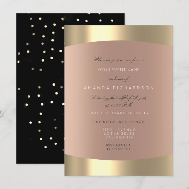 Invitation Métallurgique Noir Blanc Minimal Sepia Rose Blush (Devant / Derrière)