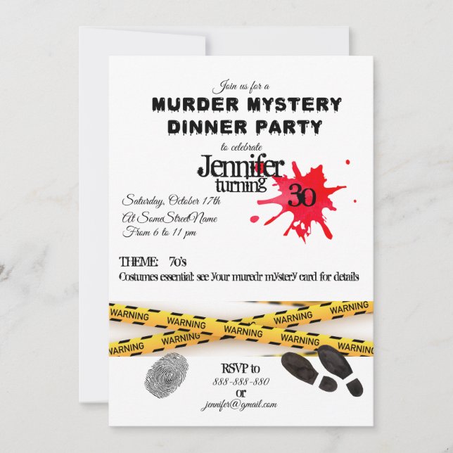 Invitation Meurtre mystère fête d'anniversaire lieu de crime (Devant)