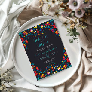 Invitation Mexicain noir Floral coloré Elégant Mariage Boda