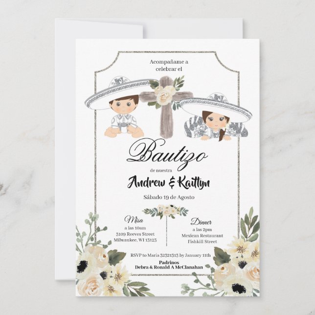 Invitation Mexicaine Blanc Argent Charro Garçon fille Twin Ba (Devant)