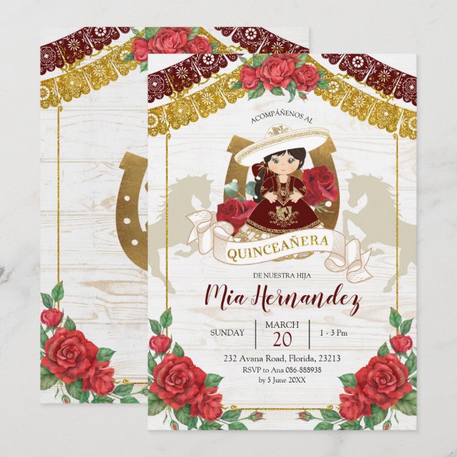 Invitation Mexicaine Charra Bourgogne Rouge Quinceanera Ouest (Devant / Derrière)
