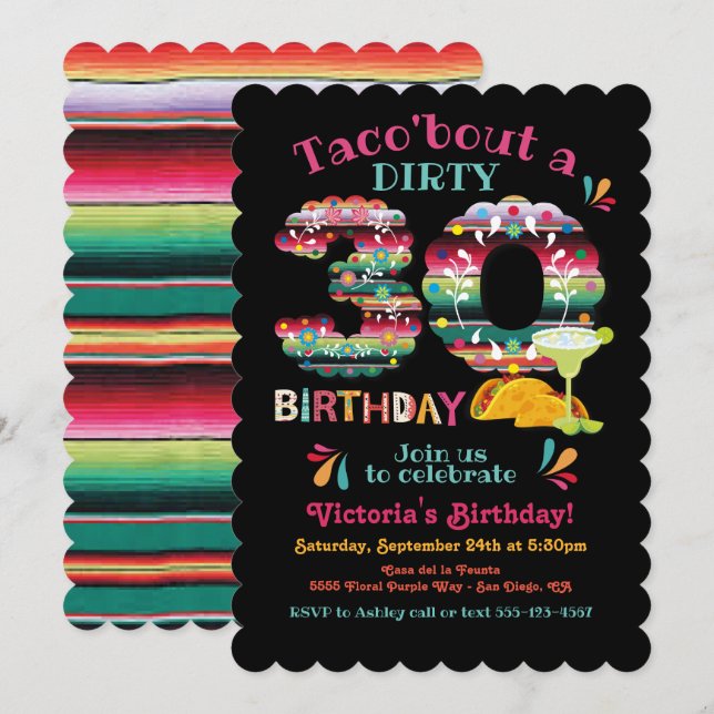 Invitation Mexicaine Fiesta Dirty 30 Papel Picado Birthday In (Devant / Derrière)