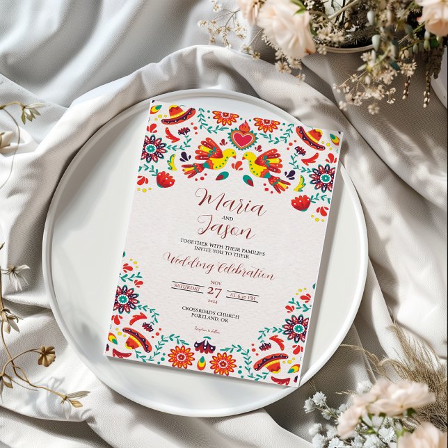 Invitation mexicaine Fiesta Sombrero Folk Art Mariage (Mexican Fiesta Sombrero Folk Art Wedding Invitation)