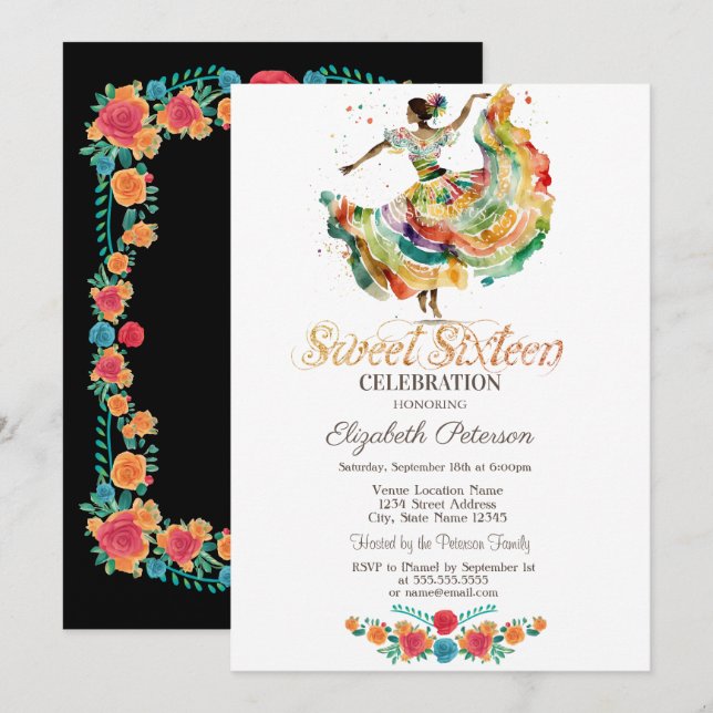 Invitation Mexicaine Fleurs de Fiesta Senorita Black Sweet 16 (Devant / Derrière)