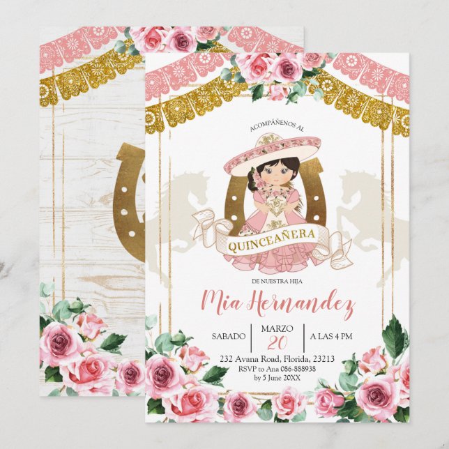 Invitation mexicaine Rose Charra 15e anniversaire (Devant / Derrière)