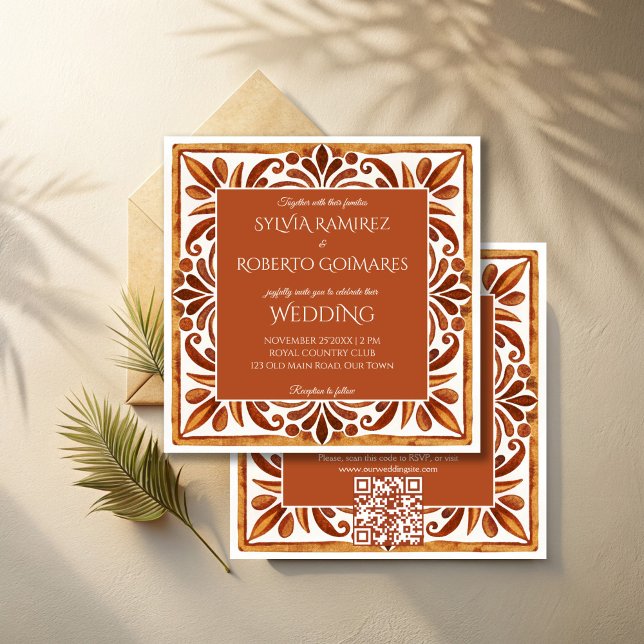 Invitation Mexicaine Talavera brune mariage élégant avec RSVP (Terracotta Mexican Talavera elegant wedding Invitations with RSVP editable template instant download)