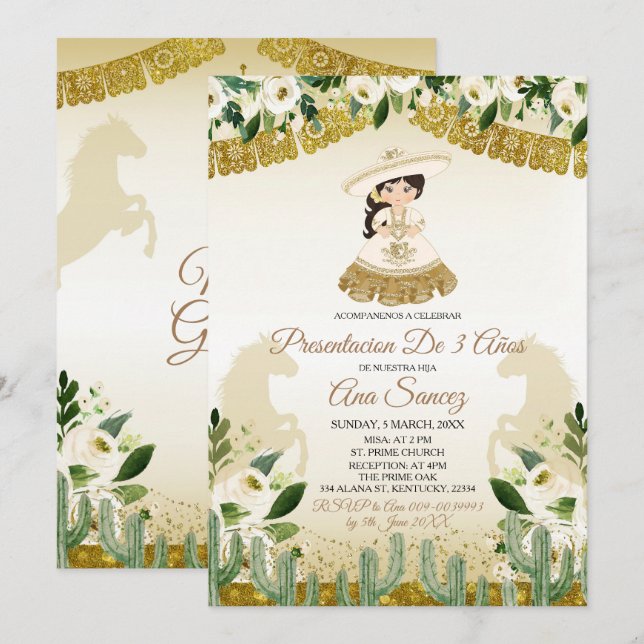 Invitation Mexicaine Troisième anniversaire Floral Blanc (Devant / Derrière)