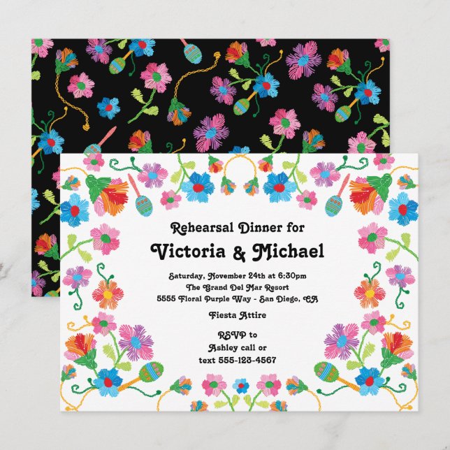 Invitation Mexican Fiesta Rehearsal Dîner with embroidery (Devant / Derrière)