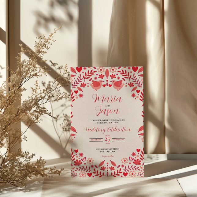 Invitation Mexican Pink Red Floral Elegant Aesthetic Wedding (Mexican Pink Red Floral Elegant Aesthetic Wedding Invitation)