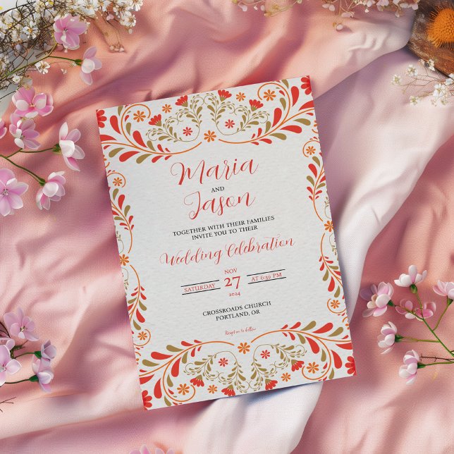 Invitation Mexican Red Orange Gold Floral Elegant Wedding (Mexican Red Orange Gold Floral Elegant Wedding Invitation)