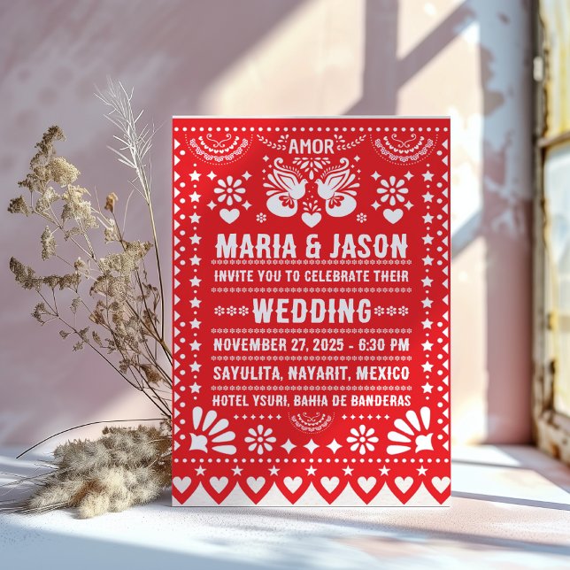 Invitation Mexican Red Papel Picado Fiesta Folk Art Wedding (Mexican Red Papel Picado Fiesta Folk Art Wedding Invitation)