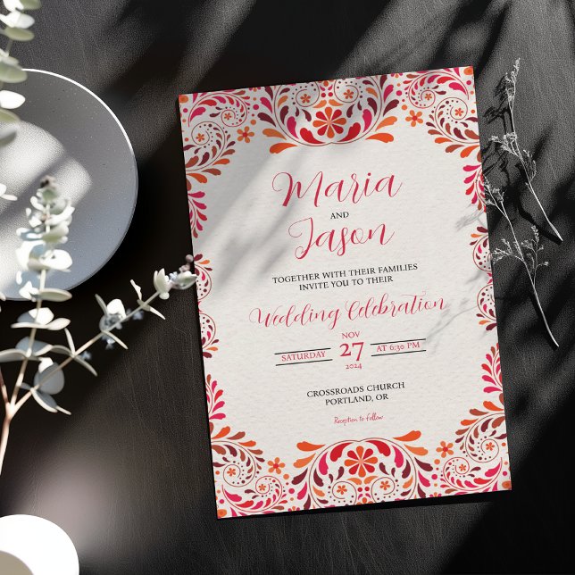 Invitation Mexican Red Pink Floral Botanical Romantic Wedding (Mexican Red Pink Floral Botanical Romantic Wedding Invitation)
