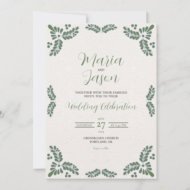 Invitation Mexican Talavera Green Floral Minimalist Wedding (Devant)