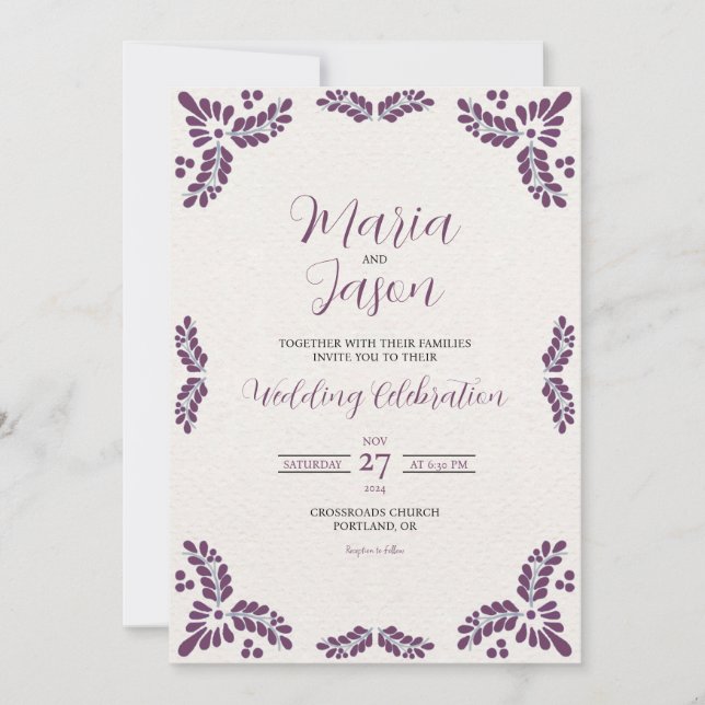 Invitation Mexican Talavera Purple Floral Minimalist Wedding (Devant)