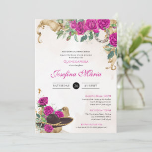 Invitation Mexicana Mariachi Charra Magenta Roses Quinceanera