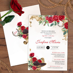 Invitation Mexicana Mariachi Charra Red Roses Quinceanera