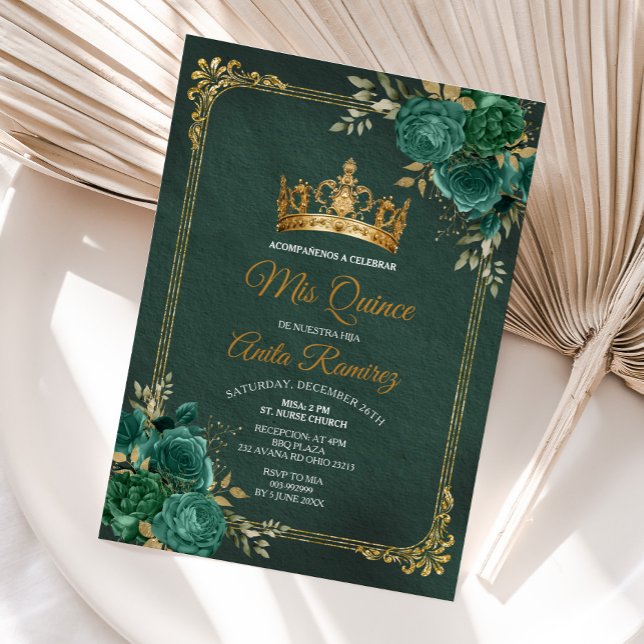 Invitation Mexique Emerald Green Floral & Gold Mis Quince (Créateur téléchargé)