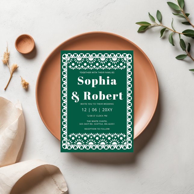 Invitation Mexique Fiesta Green Papel Picado Boho Mariage (Mexican Fiesta Green Papel Picado Boho Wedding Invitation)