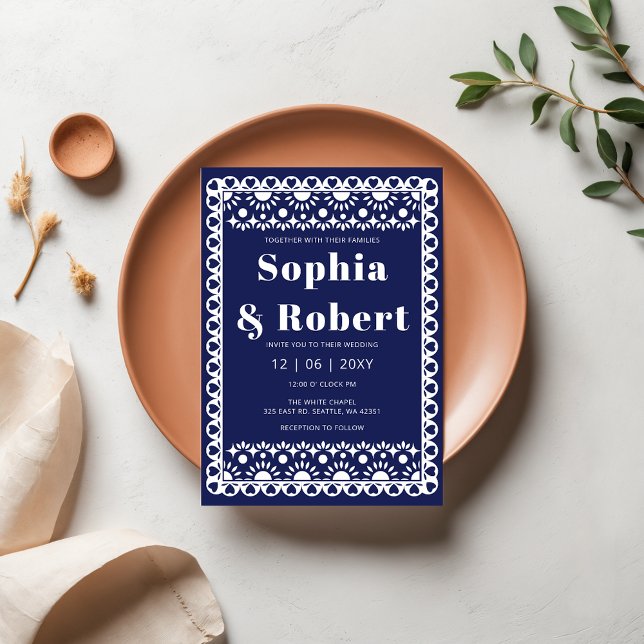 Invitation Mexique Fiesta Marine Papel Picado Boho Mariage (Mexican Fiesta Navy Papel Picado Boho Wedding Invitation)