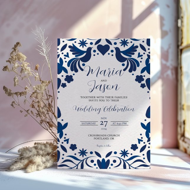 Invitation Mexique Otomi bleu Floral Élégant Mariage Fiesta (Mexican Otomi Blue Floral Elegant Fiesta Wedding Invitation)