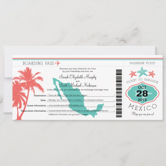 Invitation Mexique Palm Tree Starfish Boarding Pass Mariage (Devant)