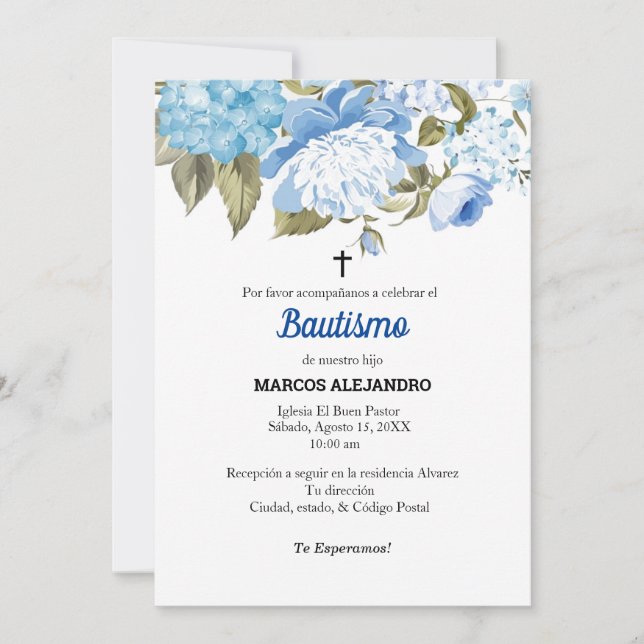 Invitation Mi Bautizo Blue Floral/bleu clair (Devant)